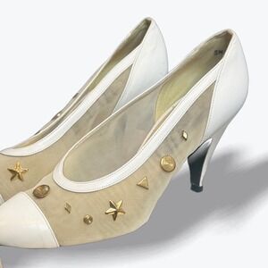 Vintage Stuart Weitzman Mesh Studded Embellished Heels White Leather Trim‎  7 US
